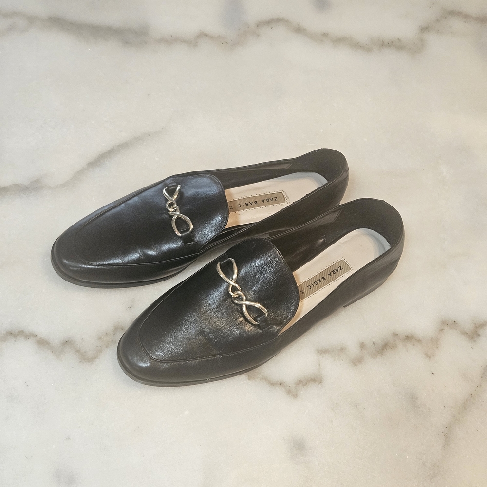 Zara Black Leather Loafers with Gold Accent - Picture 2 of 7